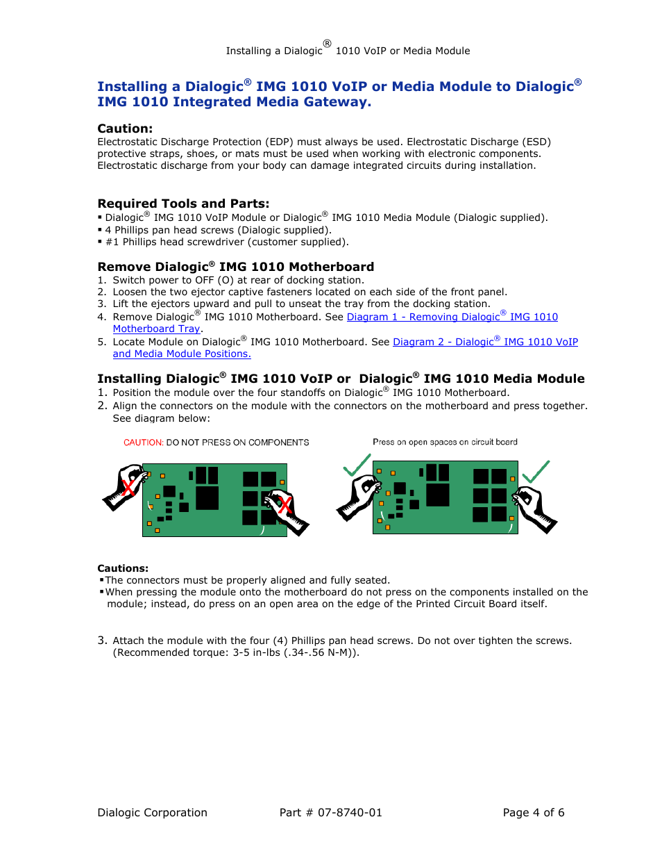 Installing a dialogic, Img 1010 voip or media module to dialogic, Img 1010 integrated media gateway | Dialogic Integrated Media Gateways IMG 1010 User Manual | Page 4 / 6