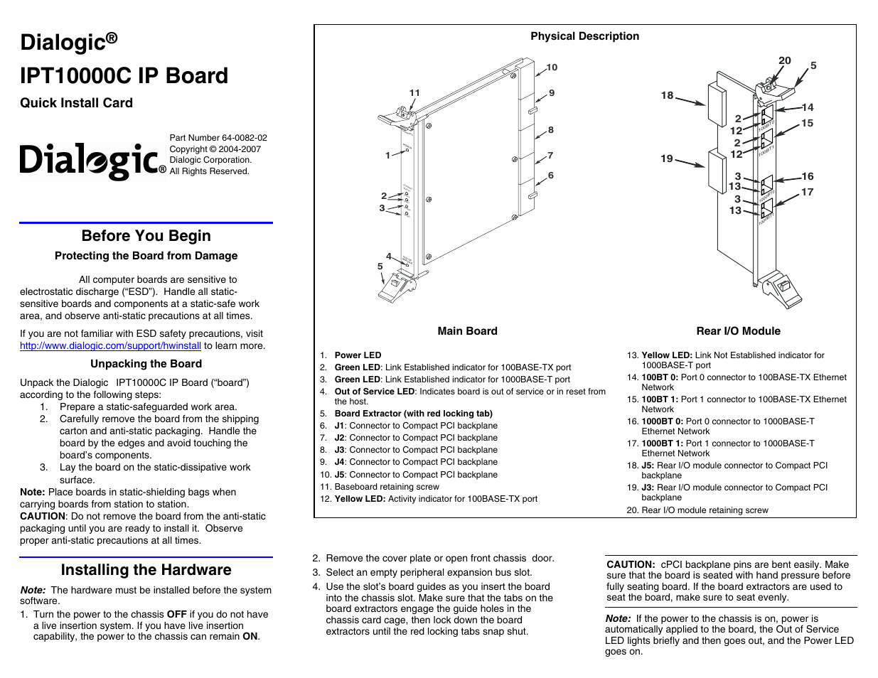 Dialogic IP Board IPT10000C User Manual | 2 pages