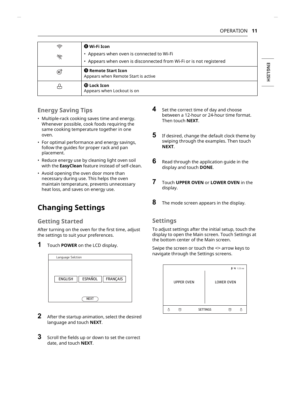 Changing settings, Energy saving tips, Getting started | Settings | LG Studio 30 Inch Smart Double Electric Wall Oven Owners Guide User Manual | Page 11 / 140