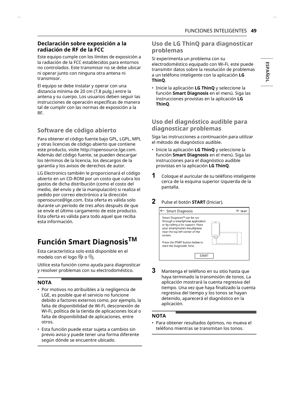 Función smart diagnosis, Software de código abierto, Uso de lg thinq para diagnosticar problemas | LG Studio 30 Inch Smart Double Electric Wall Oven Owners Guide User Manual | Page 113 / 140