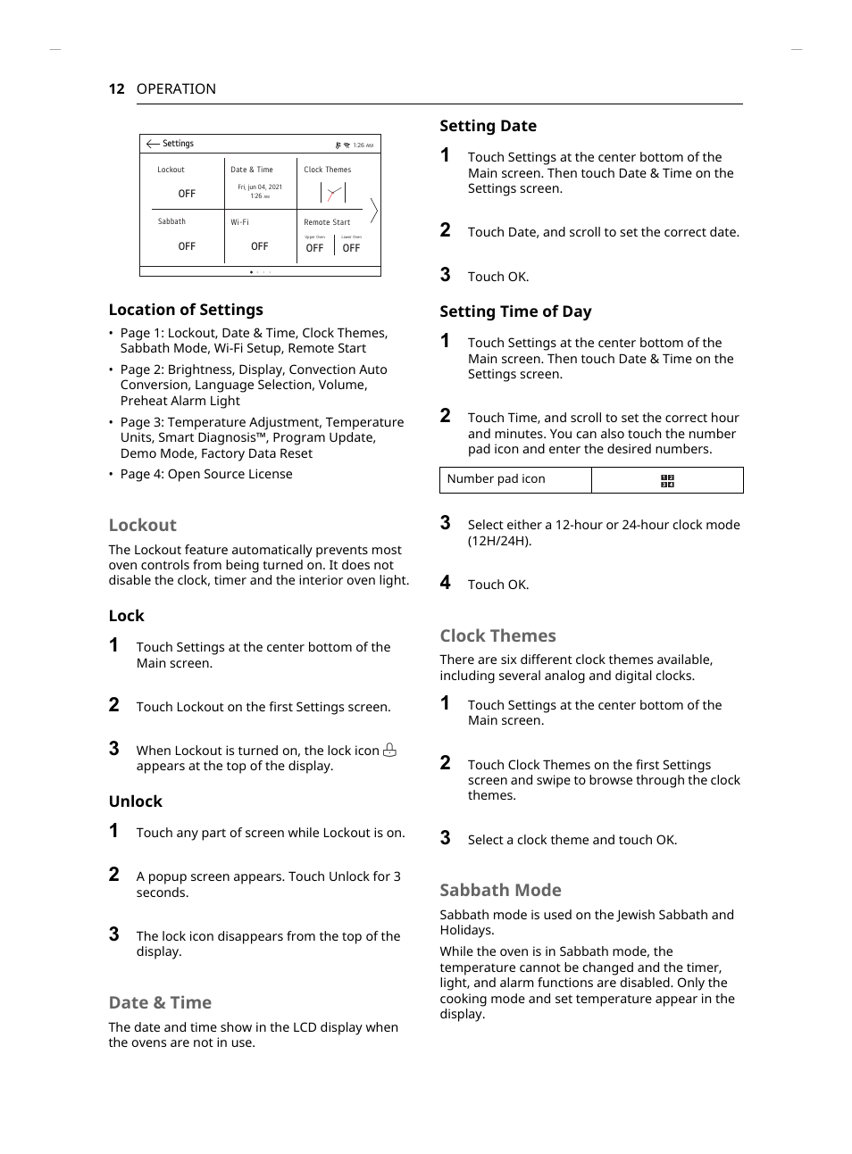 Lockout, Date & time, Clock themes | Sabbath mode | LG Studio 30 Inch Smart Double Electric Wall Oven Owners Guide User Manual | Page 12 / 140