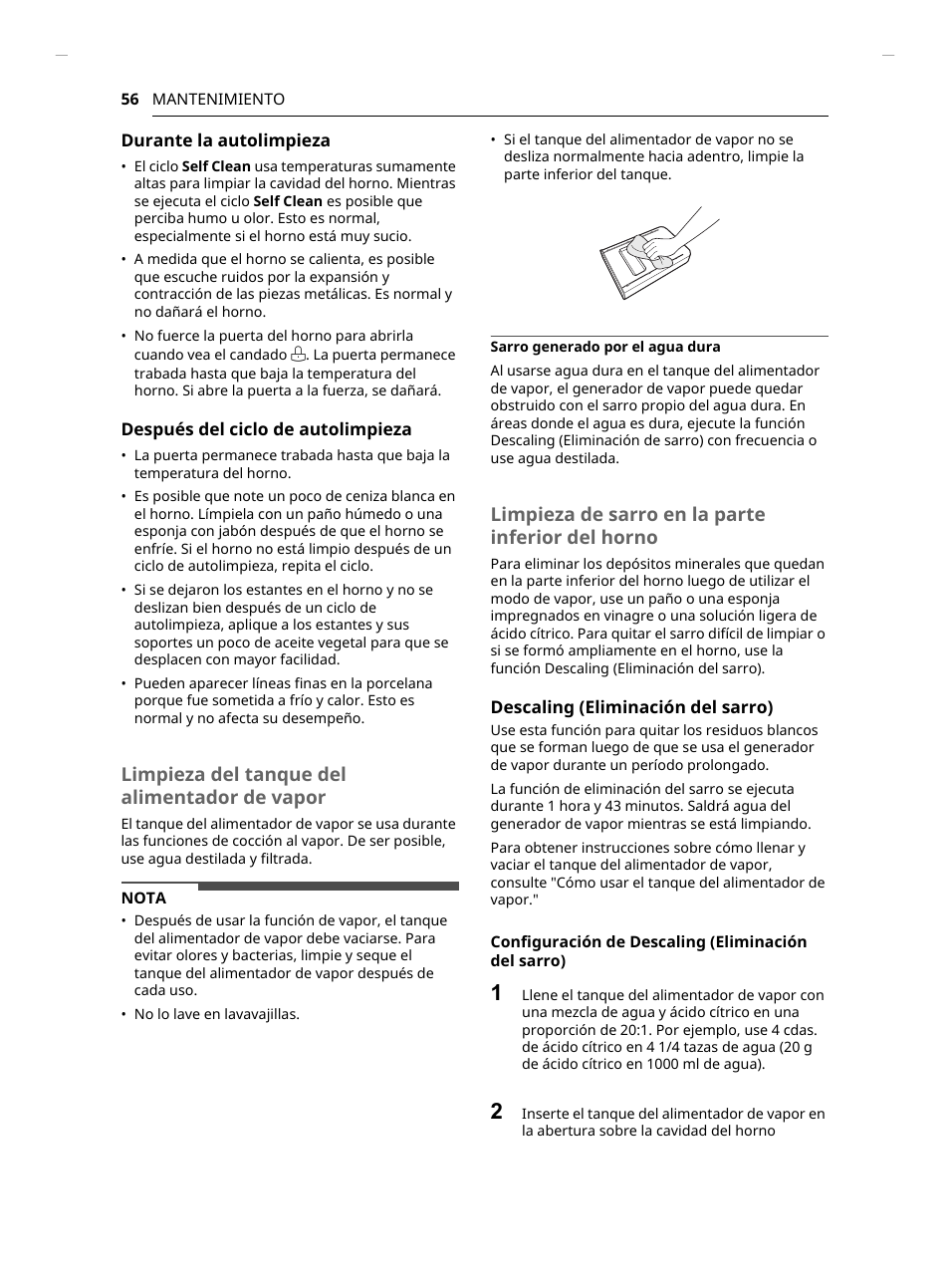 Limpieza del tanque del alimentador de vapor, Limpieza de sarro en la parte inferior del horno | LG Studio 30 Inch Smart Double Electric Wall Oven Owners Guide User Manual | Page 120 / 140