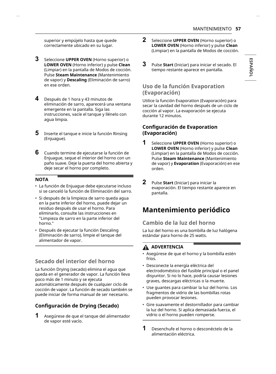 Mantenimiento periódico, Secado del interior del horno, Uso de la función evaporation (evaporación) | Cambio de la luz del horno | LG Studio 30 Inch Smart Double Electric Wall Oven Owners Guide User Manual | Page 121 / 140
