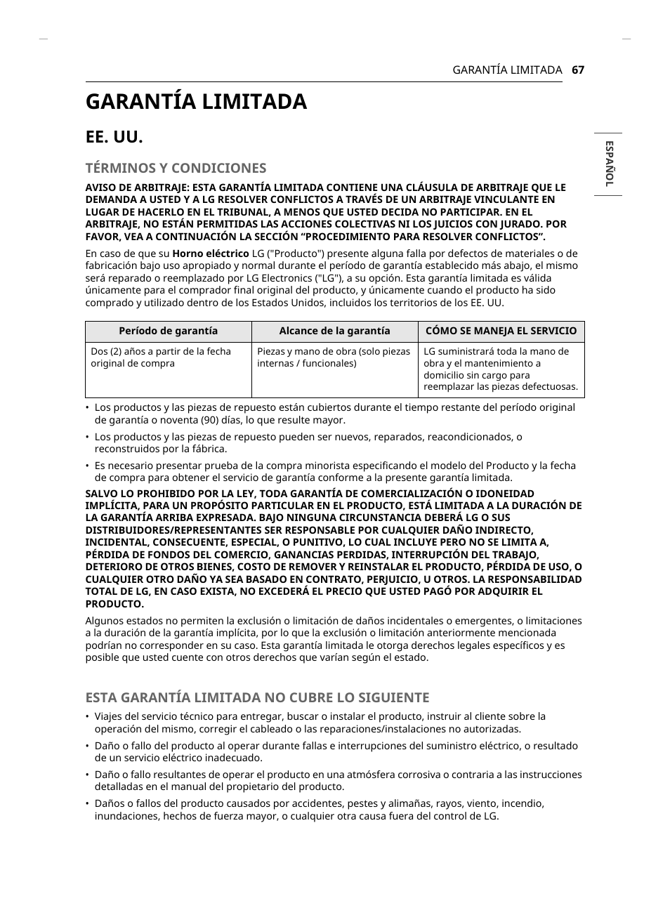 Garantía limitada, Ee. uu, Términos y condiciones | Esta garantía limitada no cubre lo siguiente | LG Studio 30 Inch Smart Double Electric Wall Oven Owners Guide User Manual | Page 131 / 140