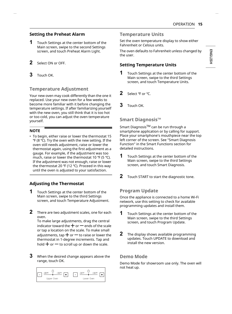 Temperature adjustment, Temperature units, Smart diagnosis | Program update, Demo mode | LG Studio 30 Inch Smart Double Electric Wall Oven Owners Guide User Manual | Page 15 / 140