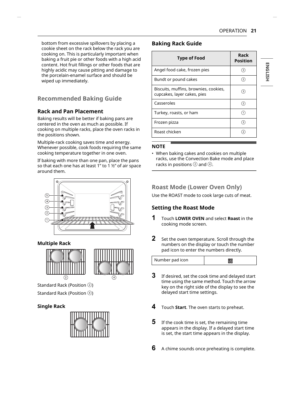 Recommended baking guide, Roast mode (lower oven only) | LG Studio 30 Inch Smart Double Electric Wall Oven Owners Guide User Manual | Page 21 / 140