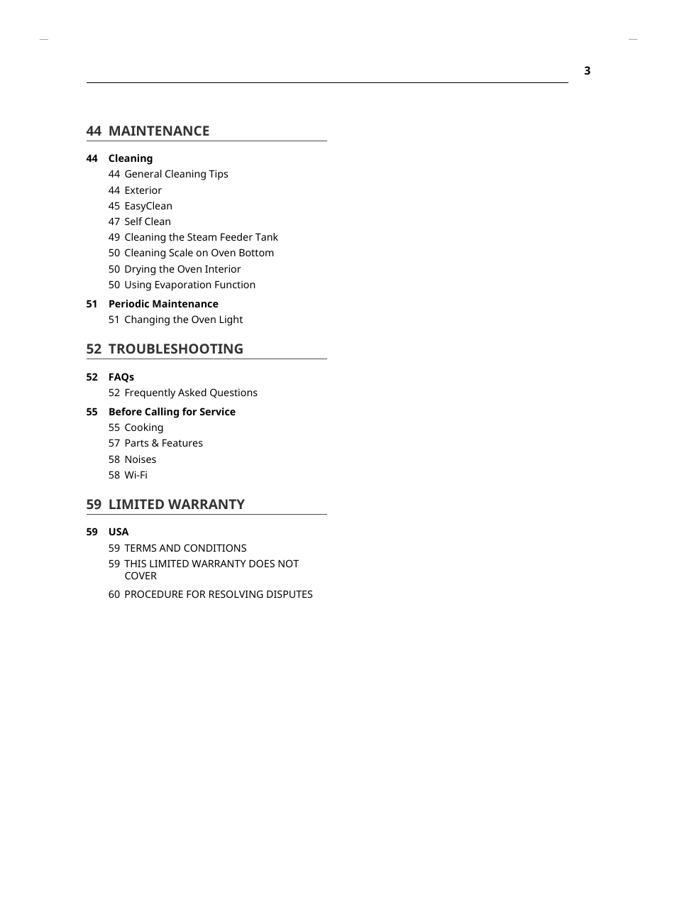 44 maintenance, 52 troubleshooting, 59 limited warranty | LG Studio 30 Inch Smart Double Electric Wall Oven Owners Guide User Manual | Page 3 / 140