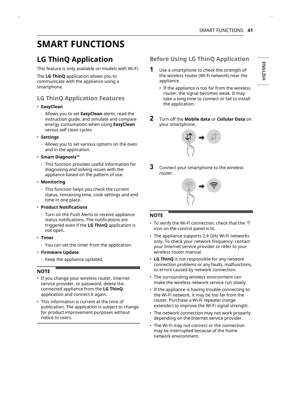 Smart functions, Lg thinq application, Lg thinq application features | Before using lg thinq application | LG Studio 30 Inch Smart Double Electric Wall Oven Owners Guide User Manual | Page 41 / 140