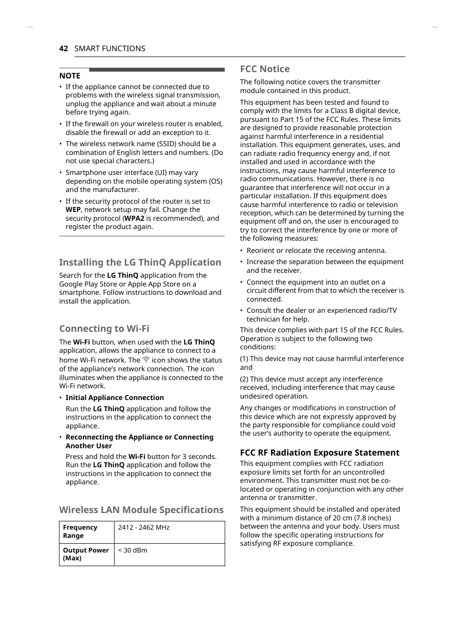 Installing the lg thinq application, Connecting to wi-fi, Wireless lan module specifications fcc notice | LG Studio 30 Inch Smart Double Electric Wall Oven Owners Guide User Manual | Page 42 / 140