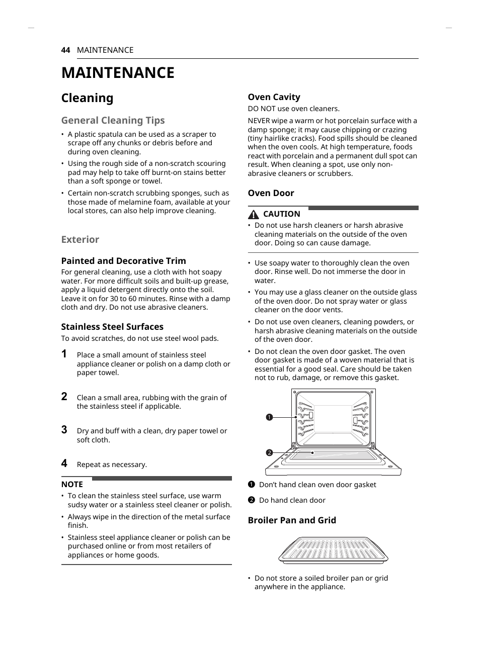 Maintenance, Cleaning, General cleaning tips | Exterior | LG Studio 30 Inch Smart Double Electric Wall Oven Owners Guide User Manual | Page 44 / 140