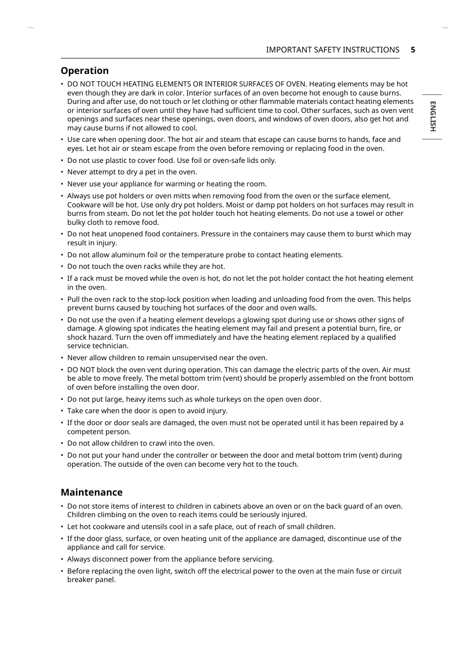 Operation, Maintenance | LG Studio 30 Inch Smart Double Electric Wall Oven Owners Guide User Manual | Page 5 / 140