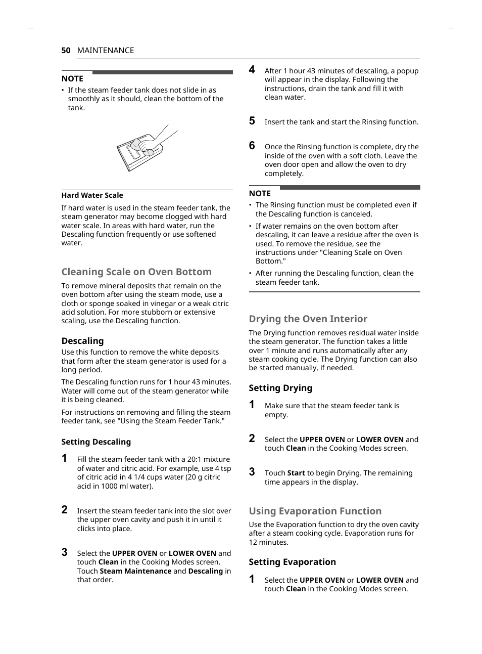 Cleaning scale on oven bottom, Drying the oven interior, Using evaporation function | LG Studio 30 Inch Smart Double Electric Wall Oven Owners Guide User Manual | Page 50 / 140