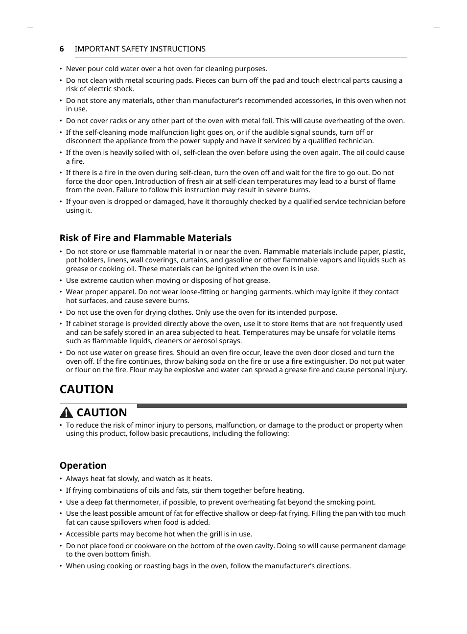 Caution, Risk of fire and flammable materials, Operation | LG Studio 30 Inch Smart Double Electric Wall Oven Owners Guide User Manual | Page 6 / 140