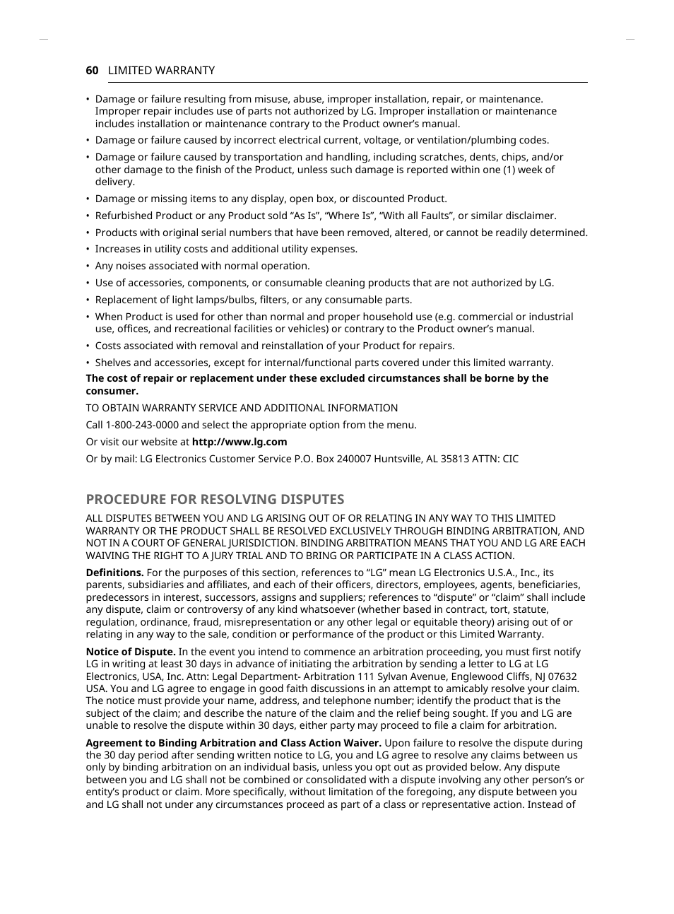 Procedure for resolving disputes | LG Studio 30 Inch Smart Double Electric Wall Oven Owners Guide User Manual | Page 60 / 140