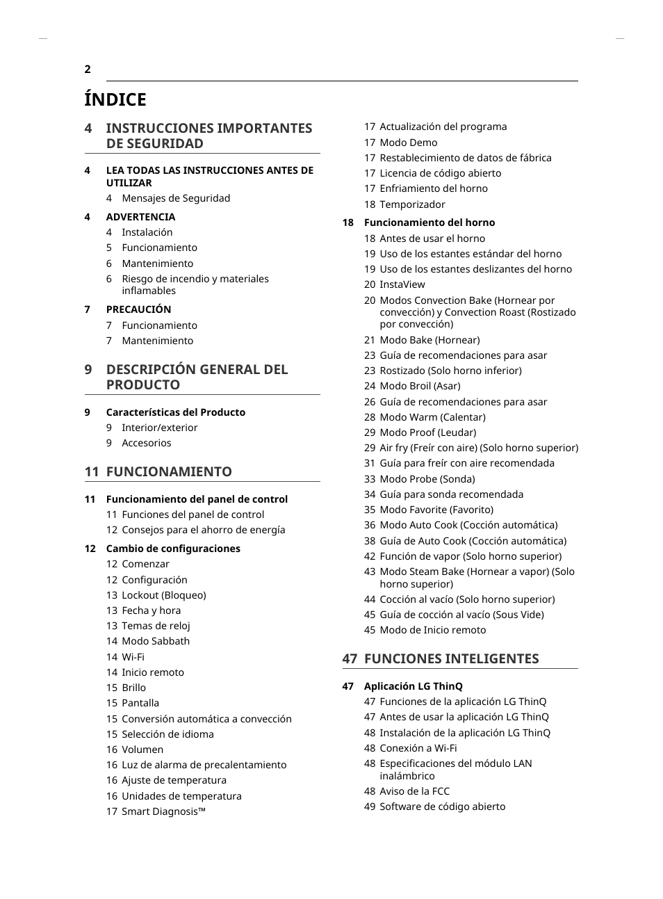 Índice, 4 instrucciones importantes de seguridad, 9 descripción general del producto | 11 funcionamiento, 47 funciones inteligentes | LG Studio 30 Inch Smart Double Electric Wall Oven Owners Guide User Manual | Page 66 / 140