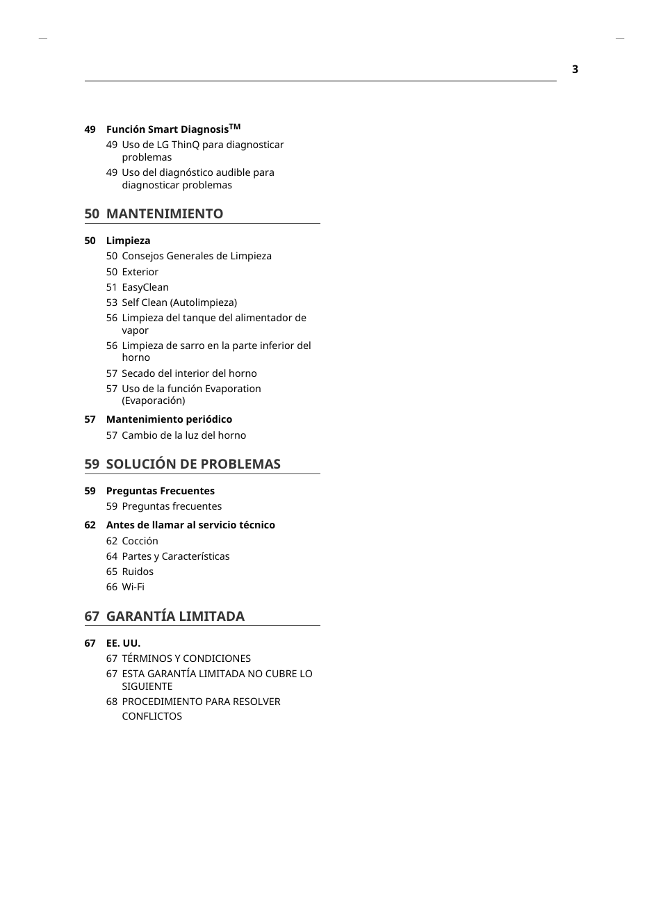 50 mantenimiento, 59 solución de problemas, 67 garantía limitada | LG Studio 30 Inch Smart Double Electric Wall Oven Owners Guide User Manual | Page 67 / 140