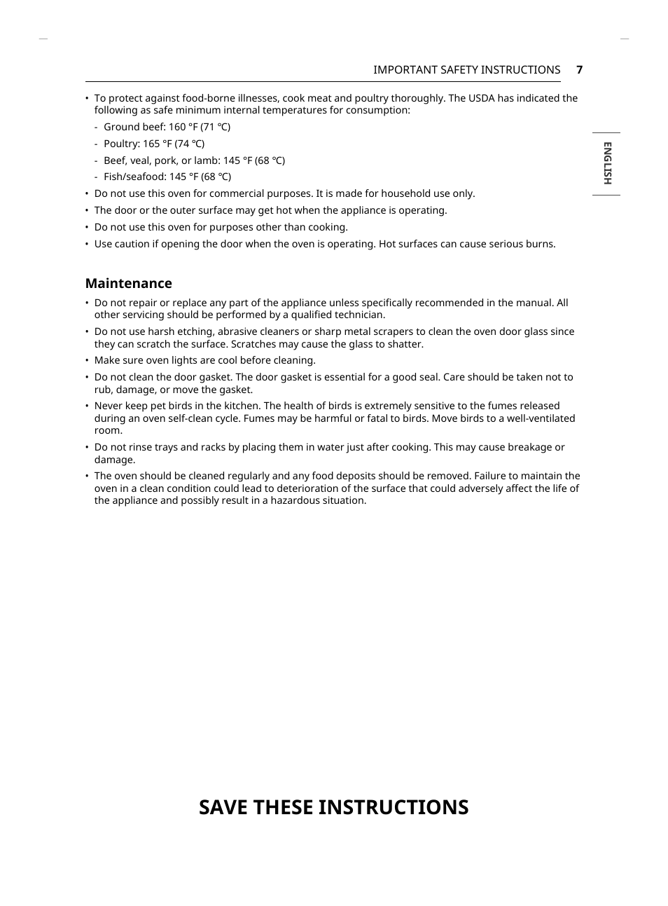 Save these instructions, Maintenance | LG Studio 30 Inch Smart Double Electric Wall Oven Owners Guide User Manual | Page 7 / 140