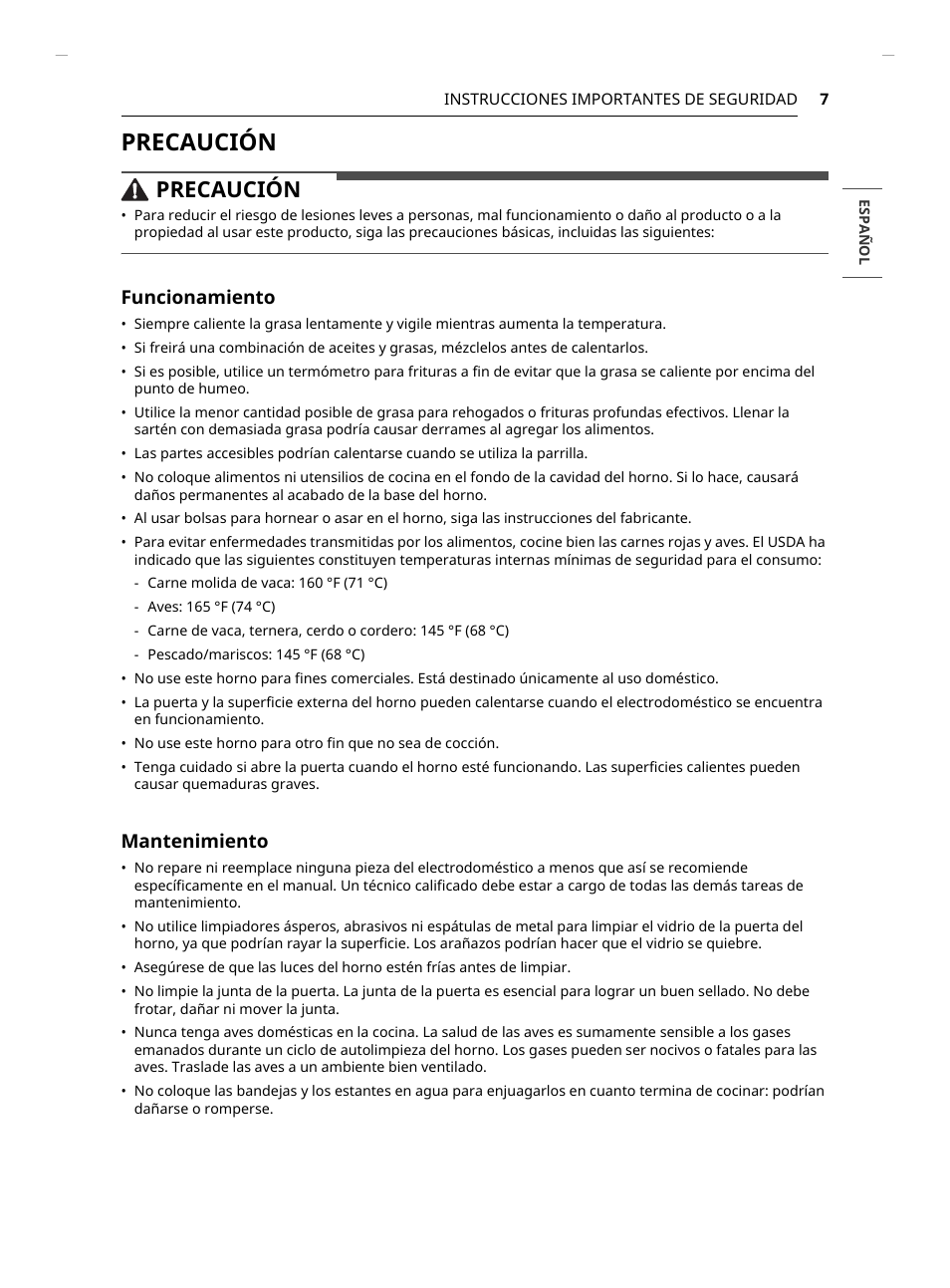 Precaución, Funcionamiento, Mantenimiento | LG Studio 30 Inch Smart Double Electric Wall Oven Owners Guide User Manual | Page 71 / 140