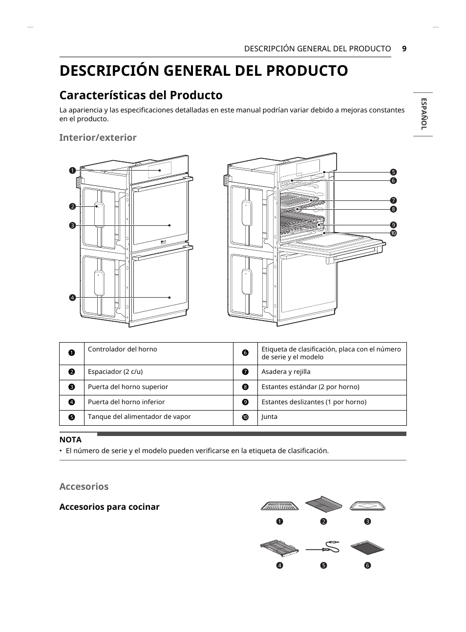 Descripción general del producto, Características del producto, Interior/exterior | Accesorios | LG Studio 30 Inch Smart Double Electric Wall Oven Owners Guide User Manual | Page 73 / 140