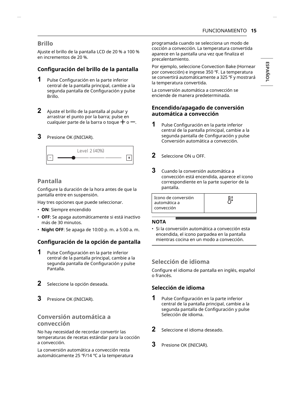 Brillo, Pantalla, Conversión automática a convección | Selección de idioma | LG Studio 30 Inch Smart Double Electric Wall Oven Owners Guide User Manual | Page 79 / 140