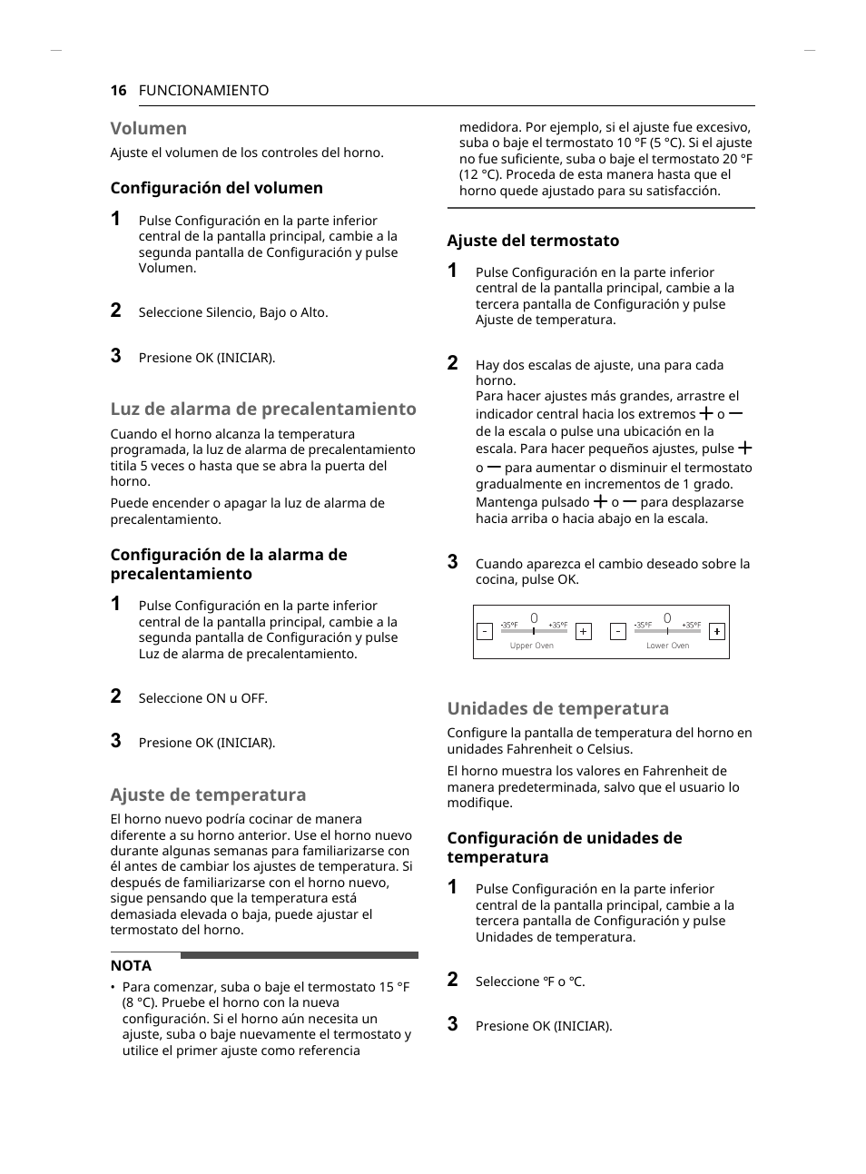 Volumen, Luz de alarma de precalentamiento, Ajuste de temperatura | Unidades de temperatura | LG Studio 30 Inch Smart Double Electric Wall Oven Owners Guide User Manual | Page 80 / 140