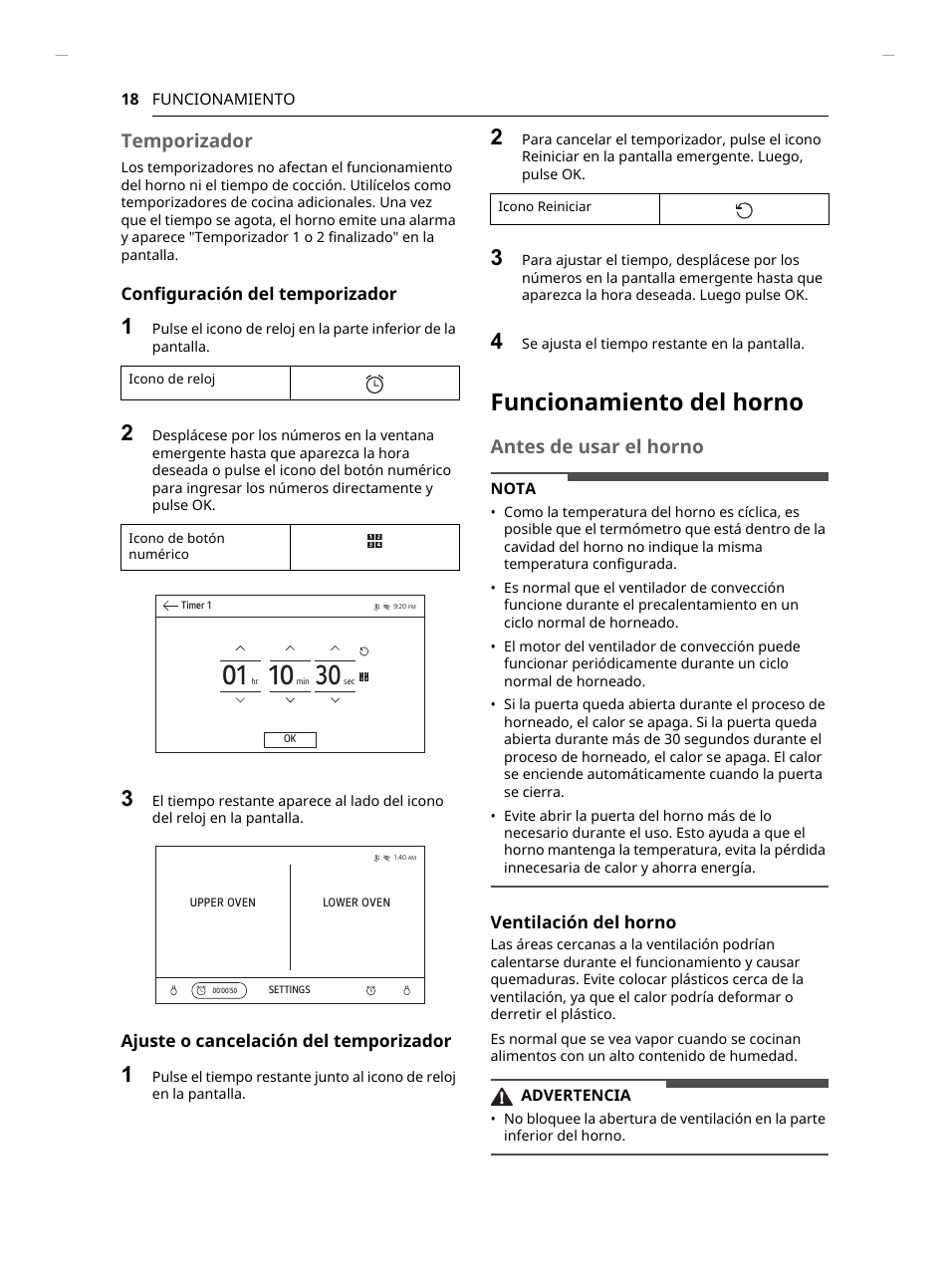 Funcionamiento del horno, Temporizador, Antes de usar el horno | LG Studio 30 Inch Smart Double Electric Wall Oven Owners Guide User Manual | Page 82 / 140