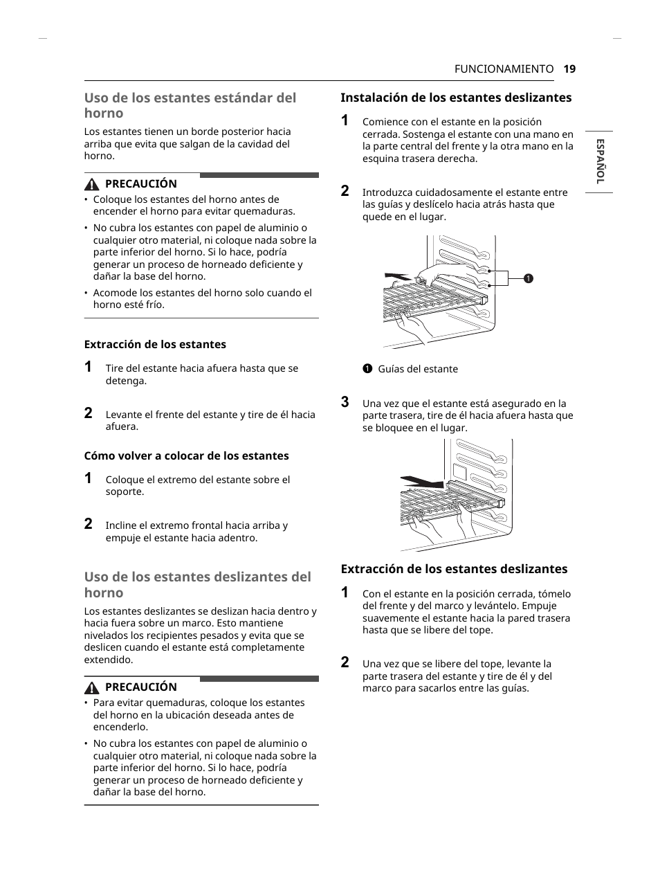 Uso de los estantes estándar del horno, Uso de los estantes deslizantes del horno | LG Studio 30 Inch Smart Double Electric Wall Oven Owners Guide User Manual | Page 83 / 140