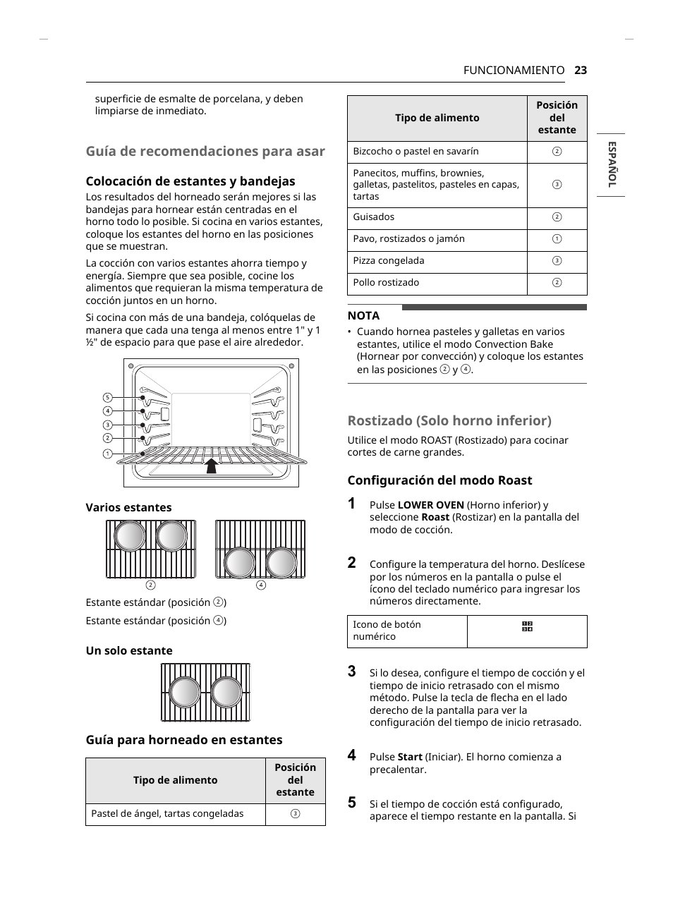 Guía de recomendaciones para asar, Rostizado (solo horno inferior) | LG Studio 30 Inch Smart Double Electric Wall Oven Owners Guide User Manual | Page 87 / 140