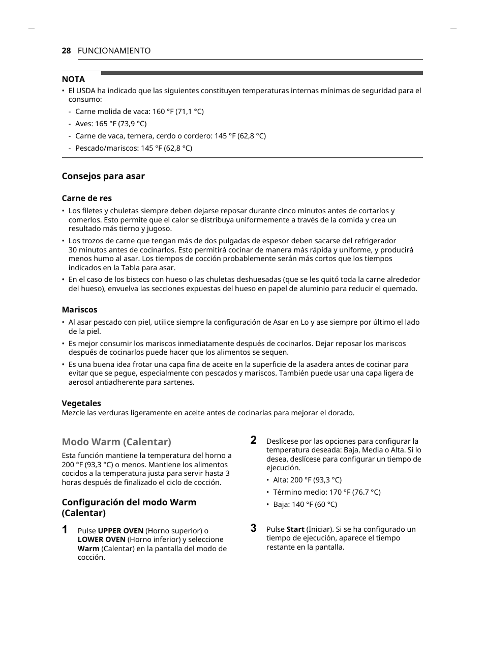 Modo warm (calentar) | LG Studio 30 Inch Smart Double Electric Wall Oven Owners Guide User Manual | Page 92 / 140