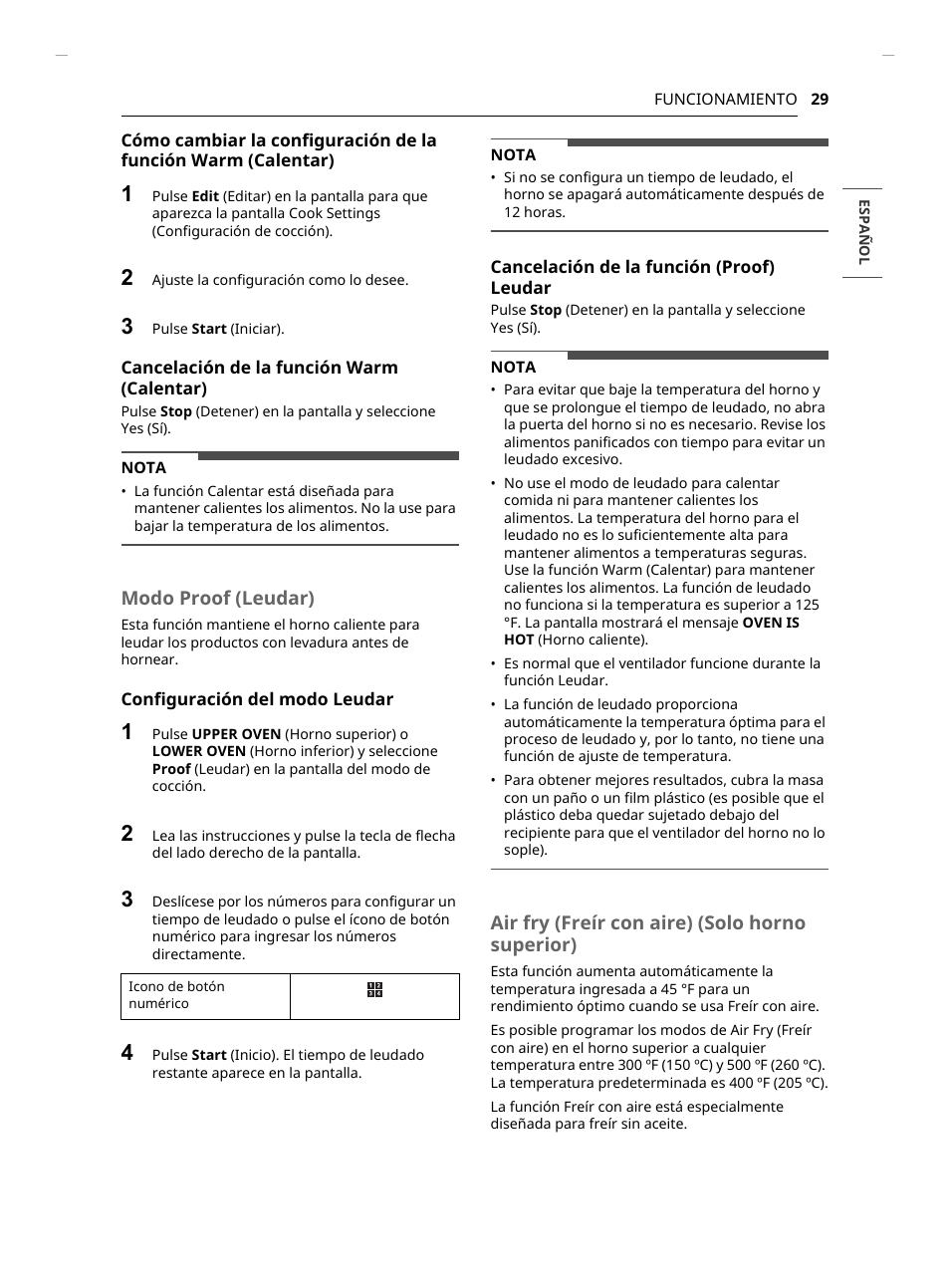 Modo proof (leudar), Air fry (freír con aire) (solo horno superior) | LG Studio 30 Inch Smart Double Electric Wall Oven Owners Guide User Manual | Page 93 / 140