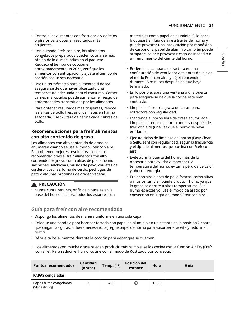 Guía para freír con aire recomendada | LG Studio 30 Inch Smart Double Electric Wall Oven Owners Guide User Manual | Page 95 / 140