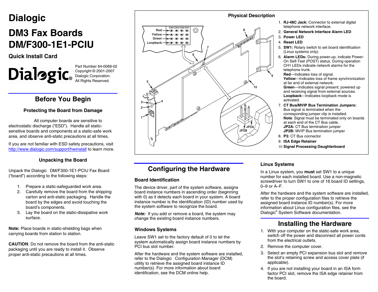 Dialogic DM/F300-1E1-PCIU User Manual | 2 pages