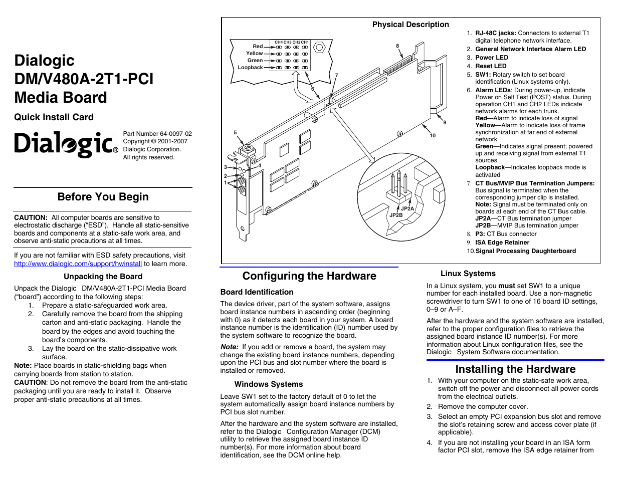 Dialogic DM/V480A-2T1-PCI User Manual | 2 pages