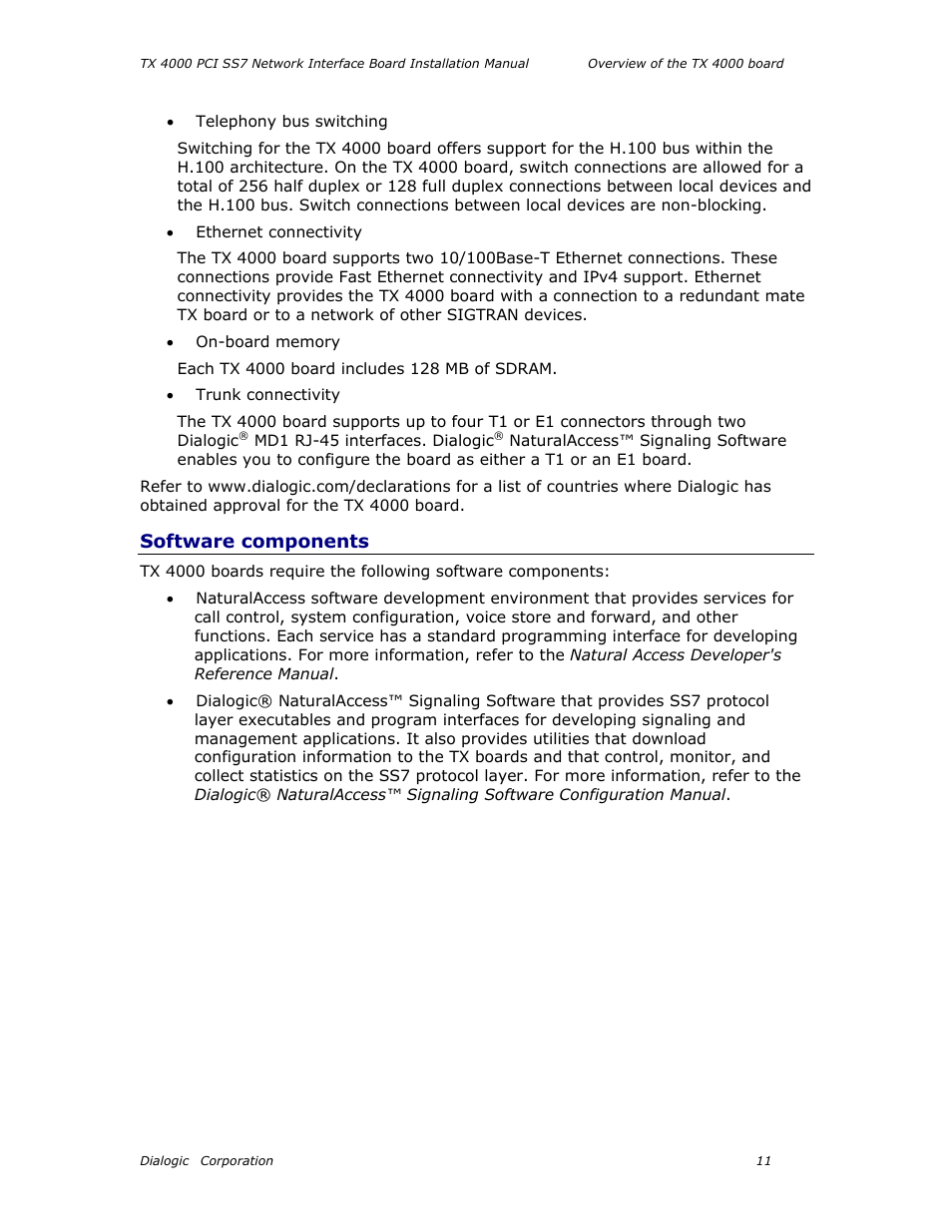Software components | Dialogic TX4000 PCI SS7 User Manual | Page 11 / 48