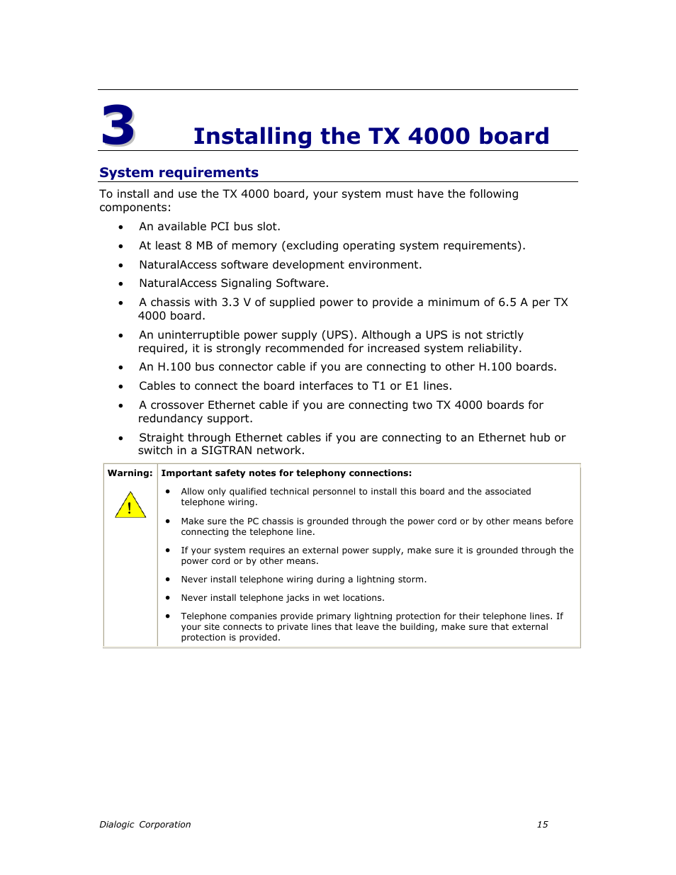 Installing the tx 4000 board, System requirements, Chapter 4: installing the tx 4000 board | Dialogic TX4000 PCI SS7 User Manual | Page 15 / 48