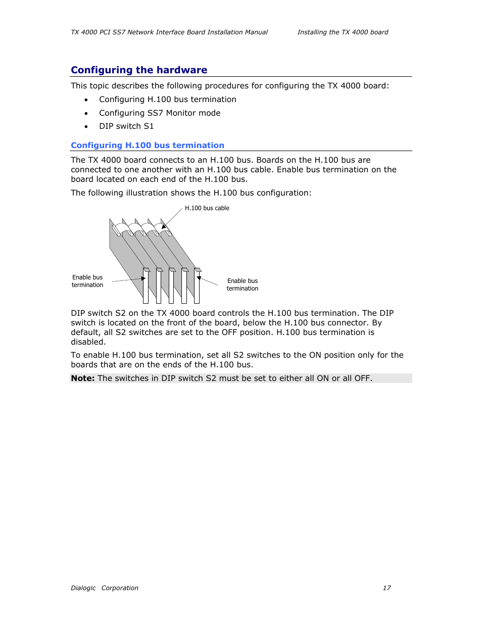 Configuring the hardware, Configuring h.100 bus termination | Dialogic TX4000 PCI SS7 User Manual | Page 17 / 48