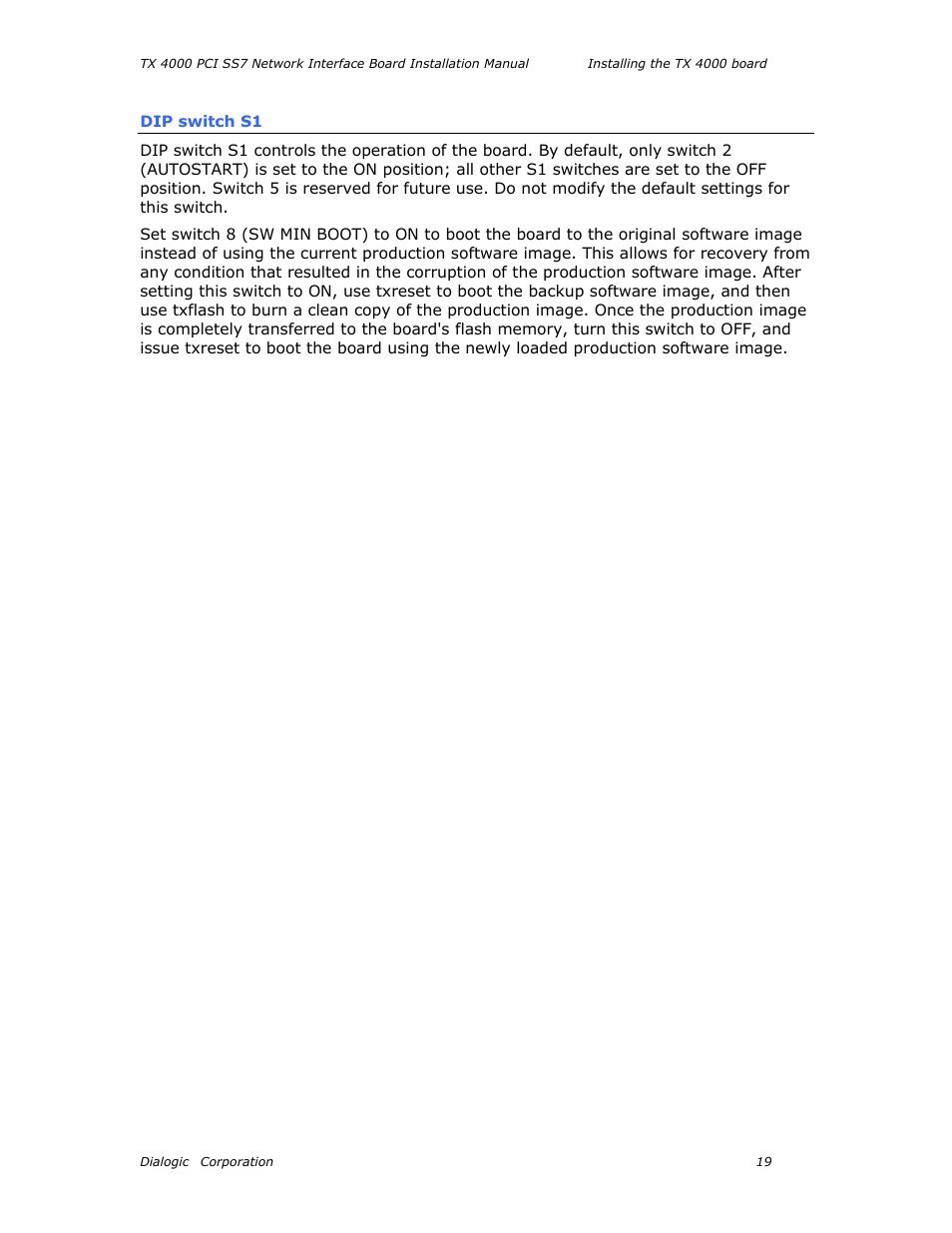 Dip switch s1 | Dialogic TX4000 PCI SS7 User Manual | Page 19 / 48