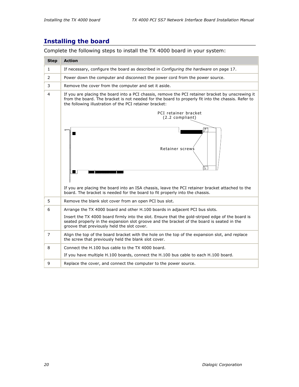Installing the board | Dialogic TX4000 PCI SS7 User Manual | Page 20 / 48