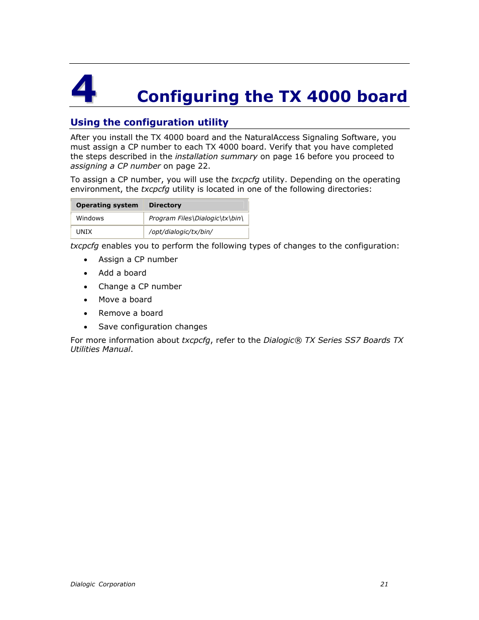 Configuring the tx 4000 board, Using the configuration utility, Chapter 5: configuring the tx 4000 board | Dialogic TX4000 PCI SS7 User Manual | Page 21 / 48