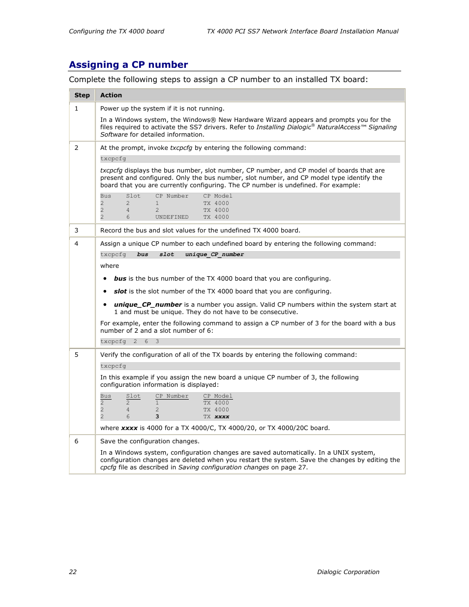 Assigning a cp number, Ge 22 | Dialogic TX4000 PCI SS7 User Manual | Page 22 / 48