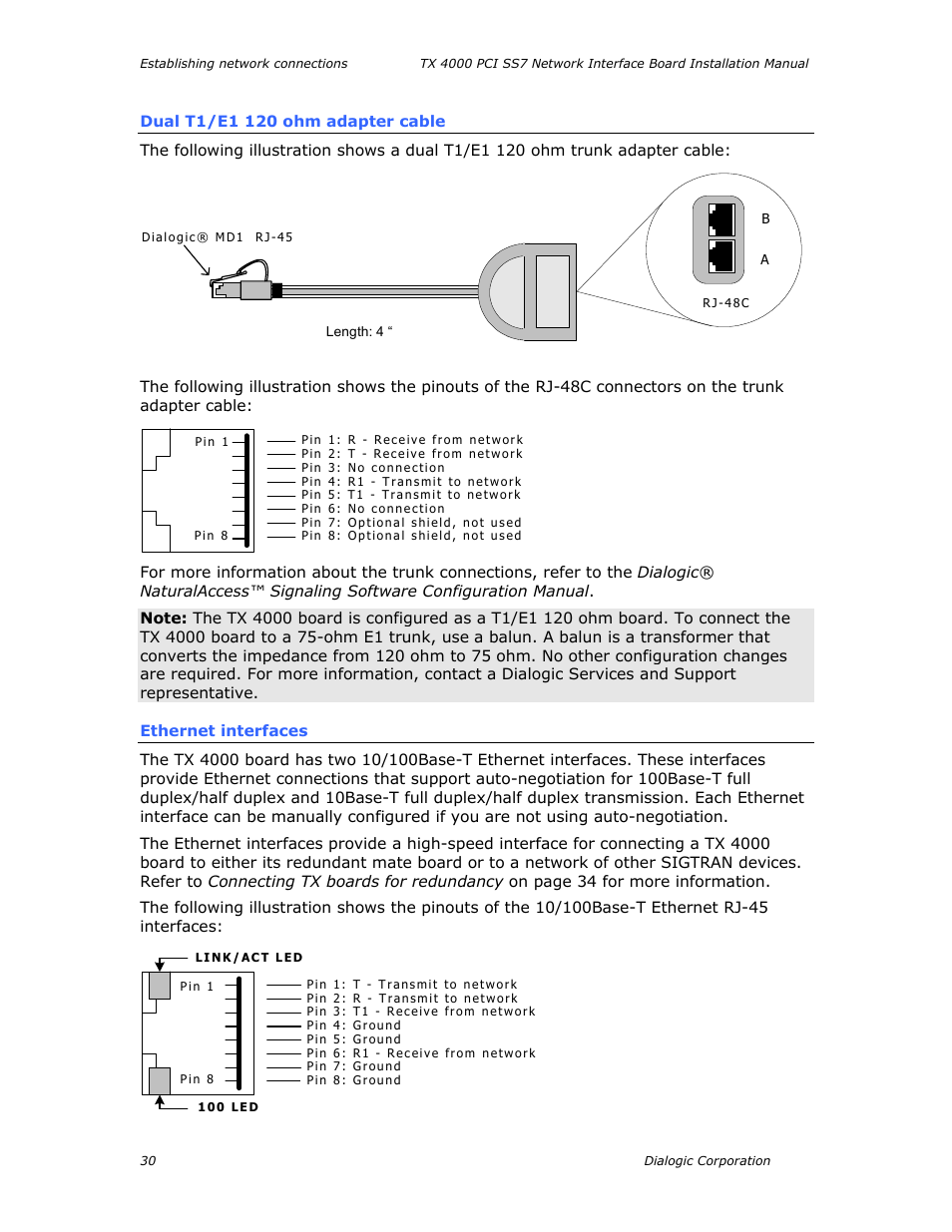 Dual t1/e1 120 ohm adapter cable, Ethernet interfaces | Dialogic TX4000 PCI SS7 User Manual | Page 30 / 48