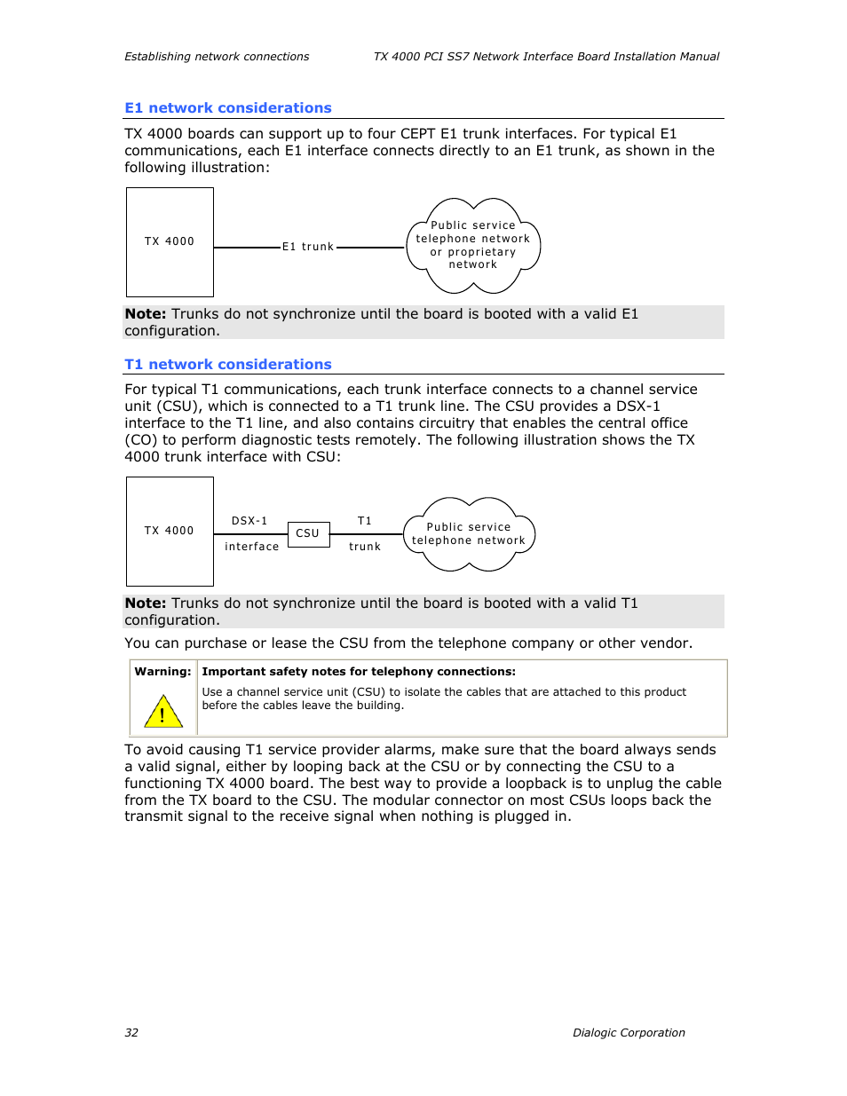 E1 network considerations, T1 network considerations | Dialogic TX4000 PCI SS7 User Manual | Page 32 / 48