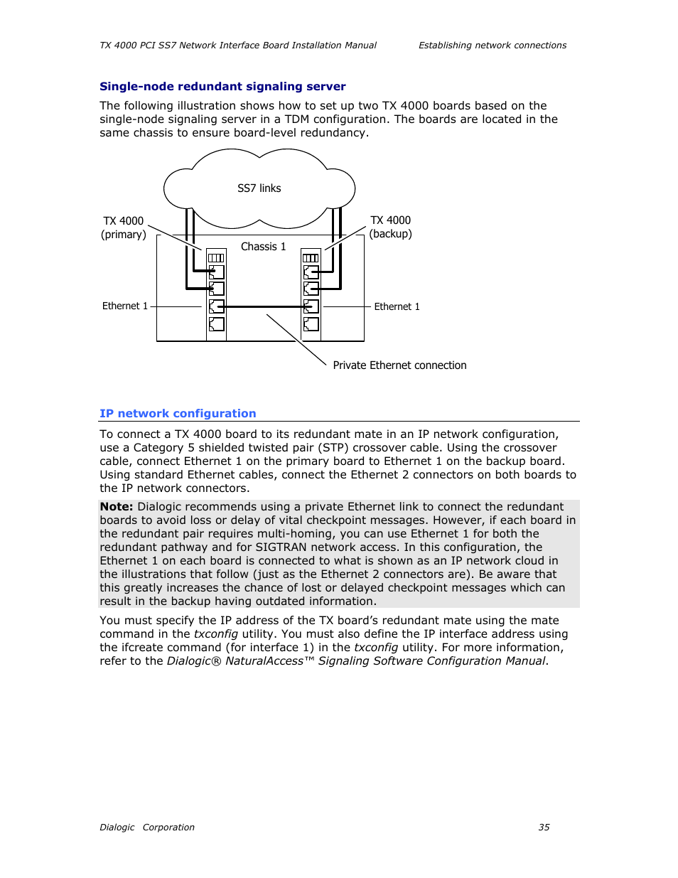 Single-node redundant signaling server, Ip network configuration | Dialogic TX4000 PCI SS7 User Manual | Page 35 / 48