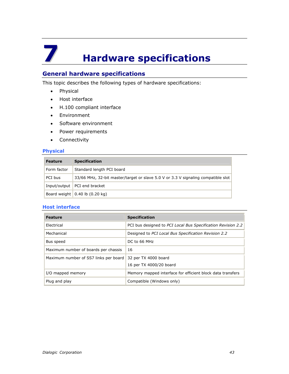 Hardware specifications, General hardware specifications, Physical | Host interface, Chapter 8: hardware specifications | Dialogic TX4000 PCI SS7 User Manual | Page 43 / 48