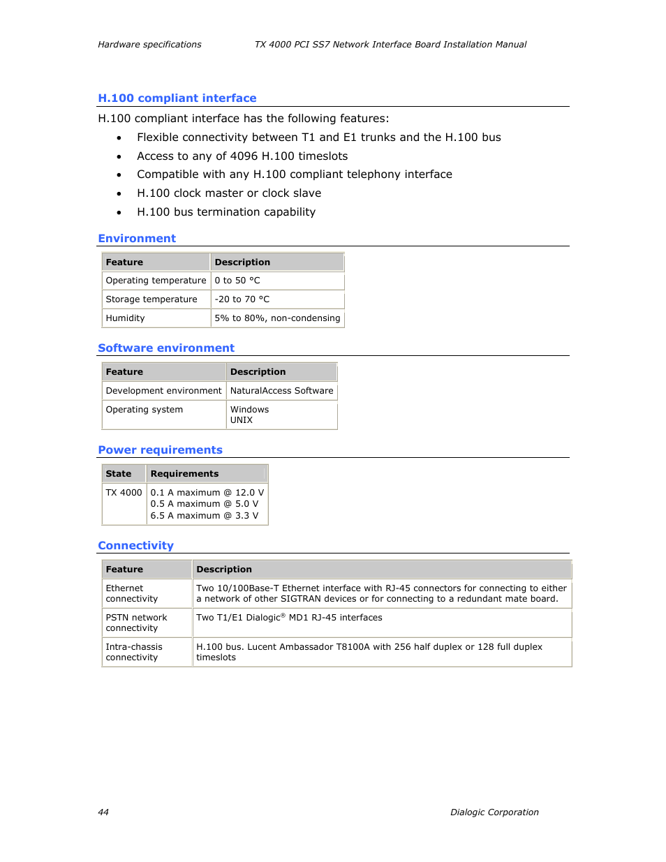 H.100 compliant interface, Environment, Software environment | Power requirements, Connectivity | Dialogic TX4000 PCI SS7 User Manual | Page 44 / 48