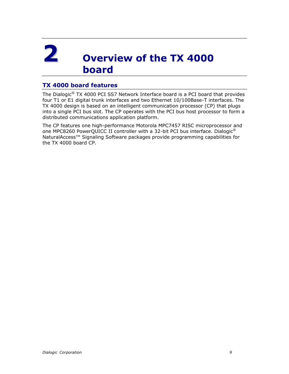 Overview of the tx 4000 board, Tx 4000 board features, Chapter 3: overview of the tx 4000 board | Dialogic TX4000 PCI SS7 User Manual | Page 9 / 48