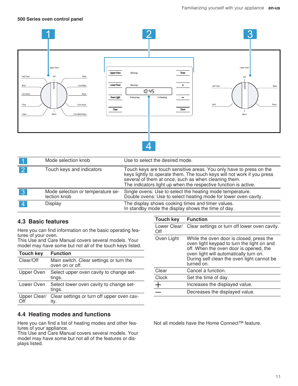 3 basic features, 4 heating modes and functions | Bosch 500 Series 30 Inch Double Speed Combination Electric Wall Oven Use and Care Manual User Manual | Page 11 / 96
