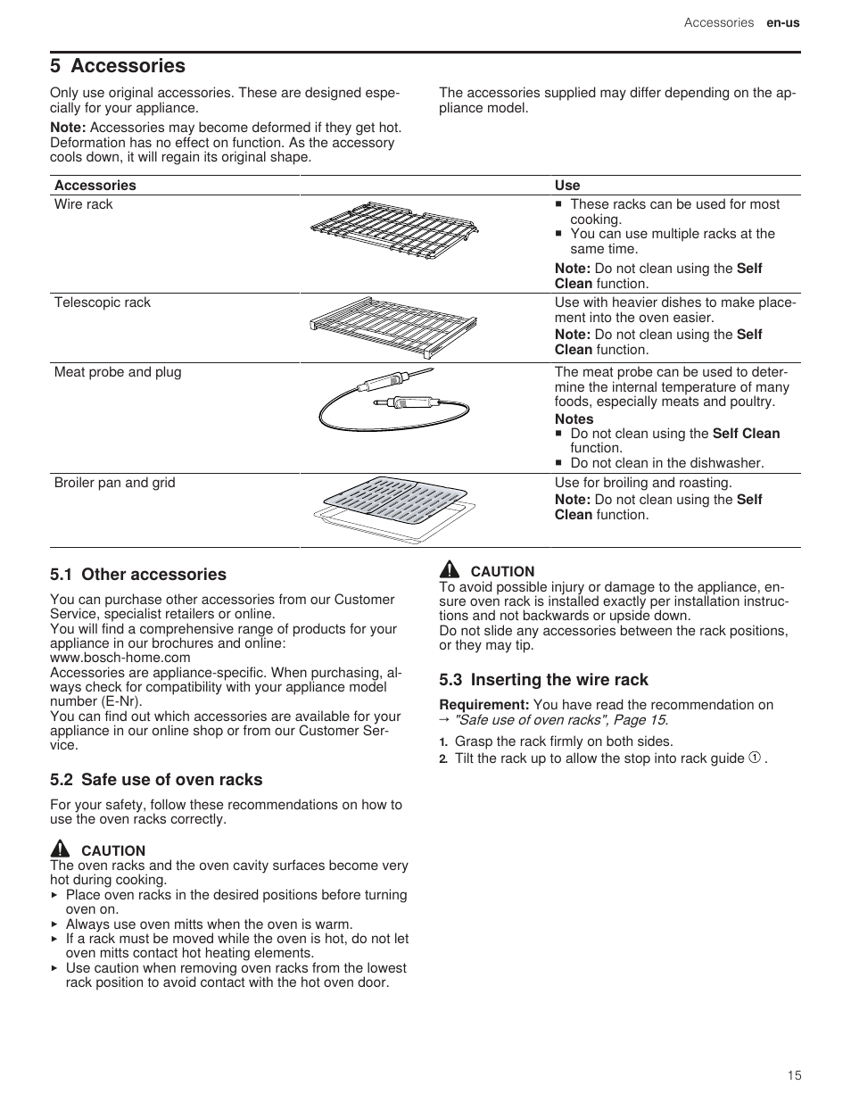 5 accessories, 1 other accessories, 2 safe use of oven racks | 3 inserting the wire rack | Bosch 500 Series 30 Inch Double Speed Combination Electric Wall Oven Use and Care Manual User Manual | Page 15 / 96