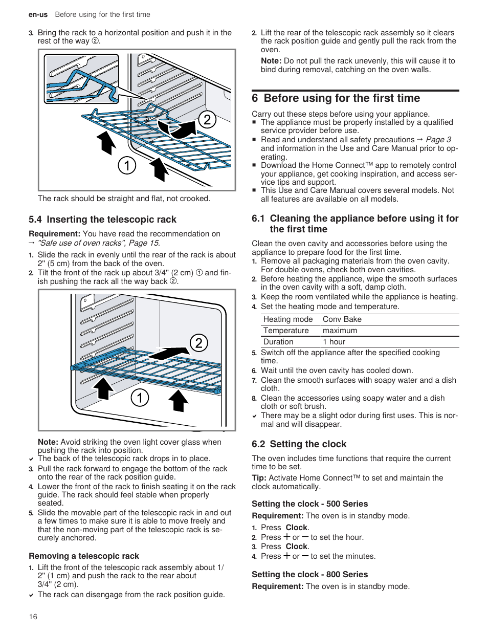 4 inserting the telescopic rack, 1 removing a telescopic rack, 6 before using for the first time | 2 setting the clock, 1 setting the clock - 500 series, 2 setting the clock - 800 series | Bosch 500 Series 30 Inch Double Speed Combination Electric Wall Oven Use and Care Manual User Manual | Page 16 / 96