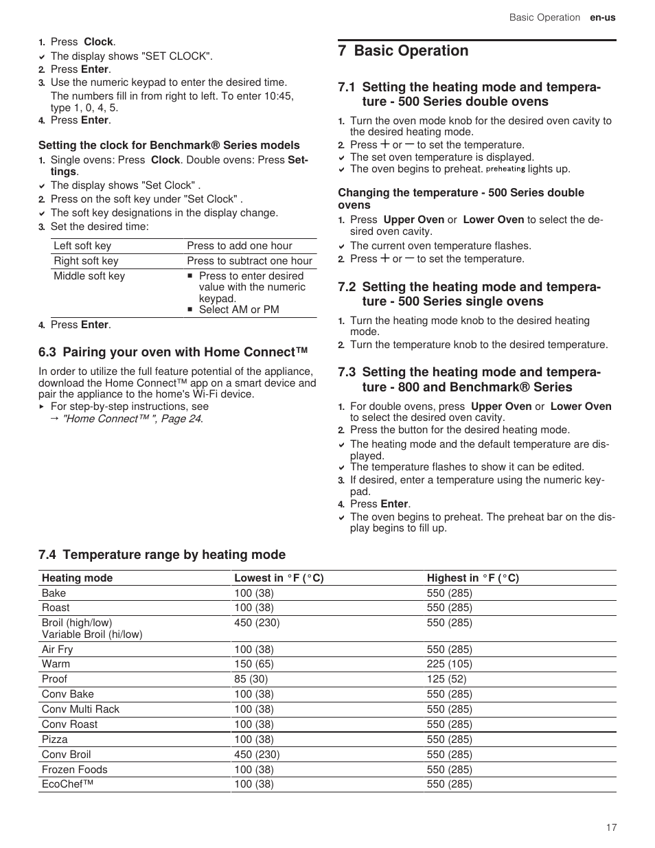 3 setting the clock for benchmark® series models, 3 pairing your oven with home connect, 7 basic operation | 4 temperature range by heating mode, 2 setting the heating mode and temperature - 500, 3 setting the heating mode and temperature - 800 | Bosch 500 Series 30 Inch Double Speed Combination Electric Wall Oven Use and Care Manual User Manual | Page 17 / 96
